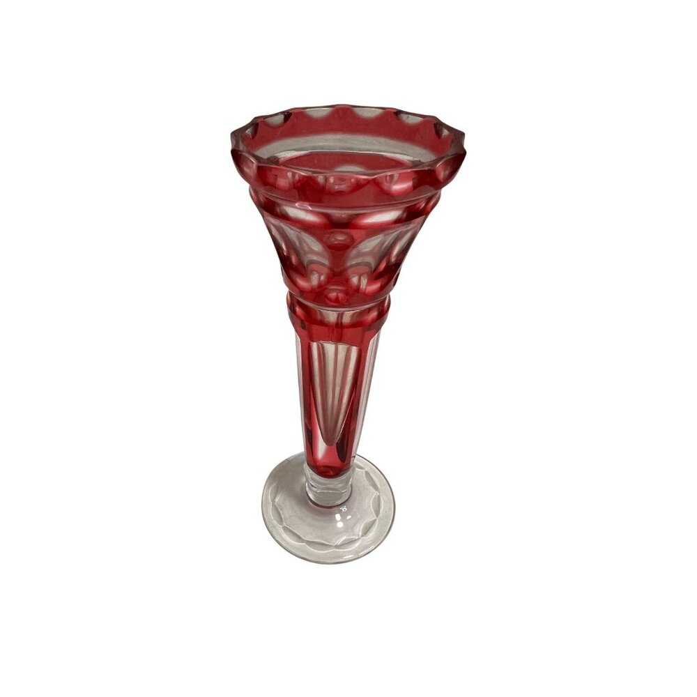 Vintage Ruby Red & Clear Glass Vase With Hobnail Design